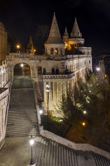 Fisherman's Bastion on Buda Castle Hill by night