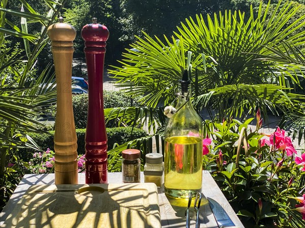 Salt and pepper mill with oil and spices in a backlit tropical garden