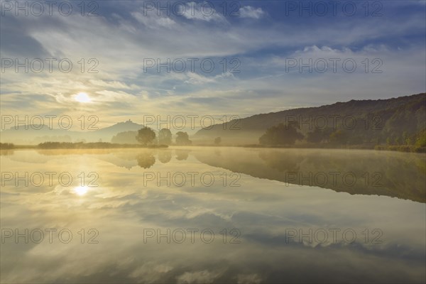 Landscape with Wachsenburg Castle at Sunrise Reflecting in Lake