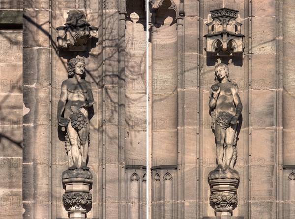Sculptures of Adam and Eve at the neo-Gothic church of St. Peter