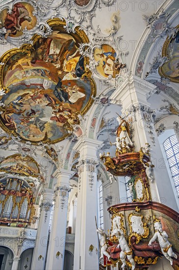 Ceiling frescoes and pulpit