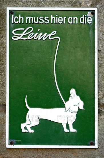 Old sign with dachshund on a leash
