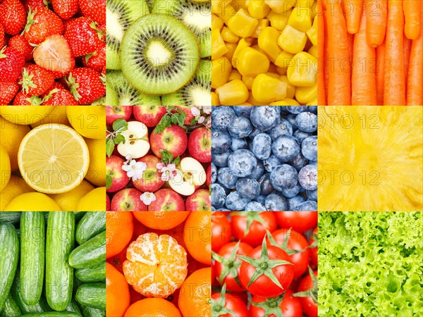 Fruits Fruit and Vegetable Collage Collection Background with Berries Apples and Carrots