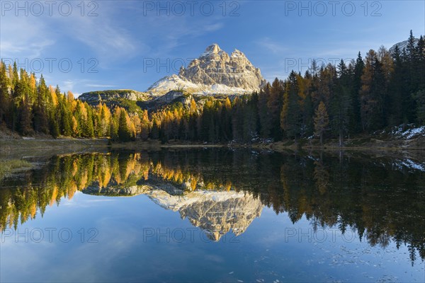 Antorno lake towards Tre Cime di Lavaredo mountain reflected in lake