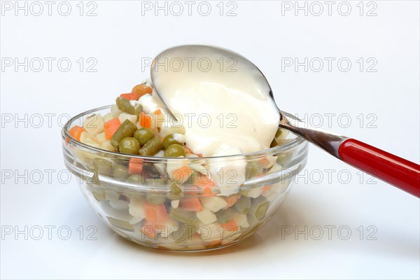 Ingredients for Russian salad and spoon with mayonnaise