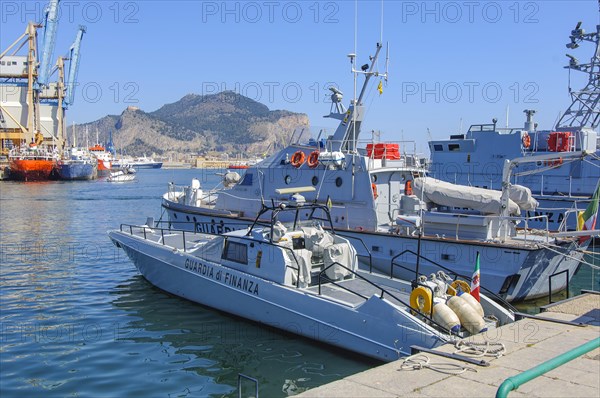 Speedboat of Italian Police Police Department for Tax Fraud and Money Laundering Financial Police Guardia di Finanza in port of Palermo