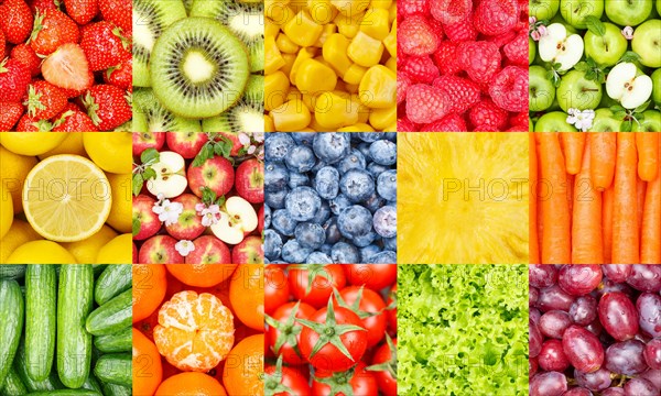 Fruits Fruit and Vegetable Collage Collection Background with Berries Apples and Carrots