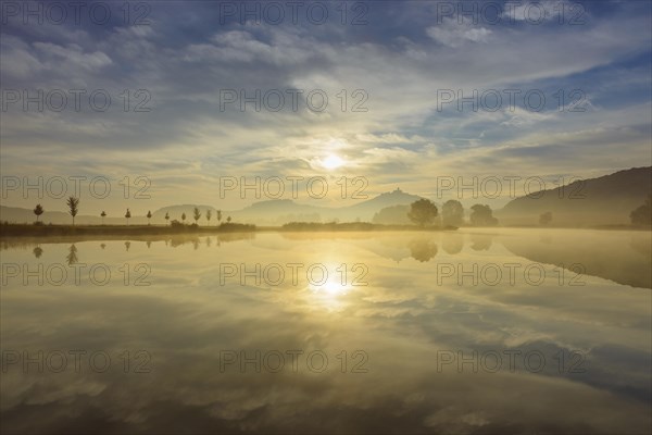 Landscape with Wachsenburg Castle at Sunrise Reflecting in Lake