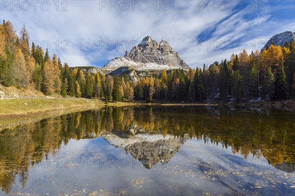 Antorno lake towards Tre Cime di Lavaredo mountain reflected in lake