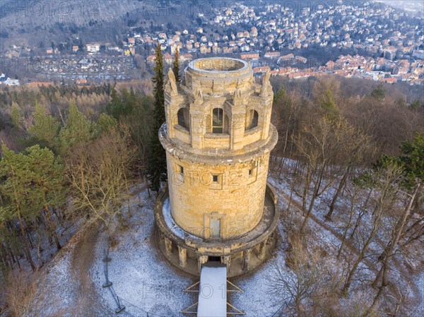 Aerial view of the Bismarck Tower on the Jena Forest