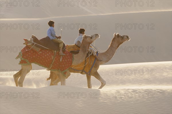 Camel riders at the longest sand dunes in India