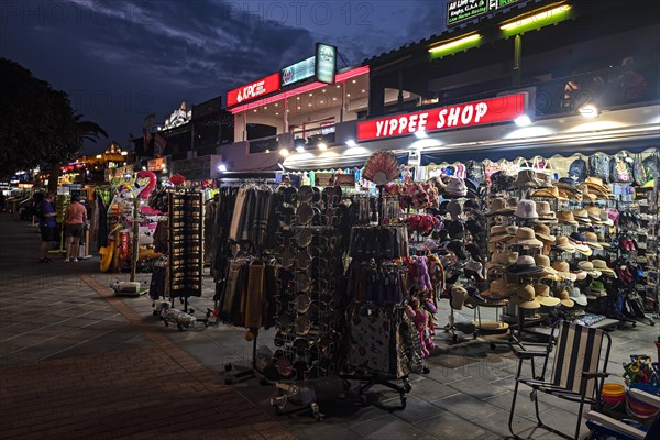 Shops and restaurants in the evening on the beach promenade