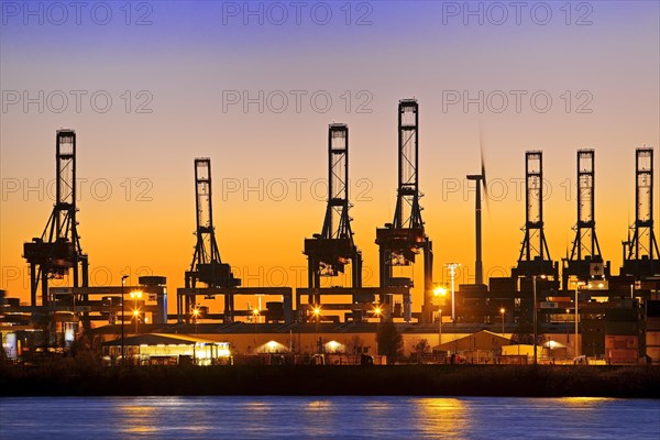 Loading cranes at the container terminal at sunset
