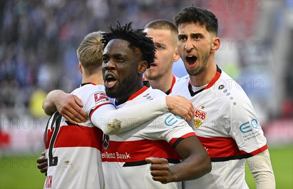 Goal celebration Orel Mangala VfB Stuttgart with Atakan Karazor VfB Stuttgart Chris Fuehrich VfB Stuttgart