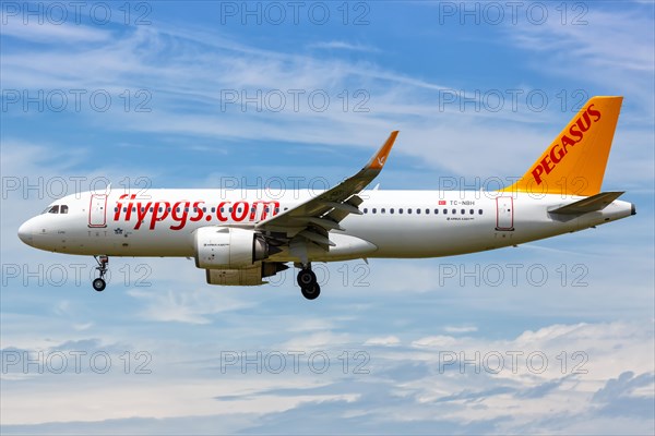 An Airbus A320neo aircraft of Pegasus with registration TC-NBH lands at the airport in Barcelona