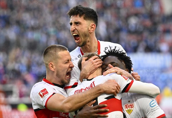 Goal celebration Orel Mangala VfB Stuttgart with Atakan Karazor VfB Stuttgart Chris Fuehrich VfB Stuttgart