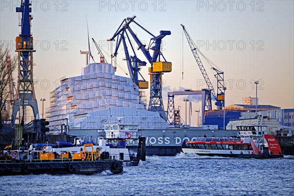 Dry dock Elbe 17 by Blohm and Voss with cranes and shipping traffic on the Norderelbe