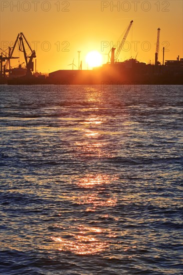 Norderelbe with cranes at sunrise