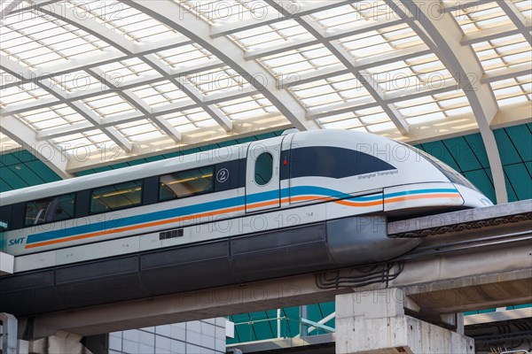 Shanghai Transrapid Maglev train traffic at Longyang Road station in Shanghai