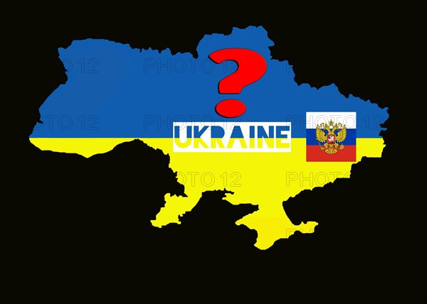 Illustration of the border of Ukraine with a Russian coat of arms and a question mark