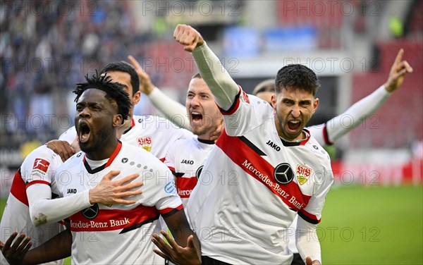 Goal celebration Orel Mangala VfB Stuttgart with Atakan Karazor VfB Stuttgart Chris Fuehrich VfB Stuttgart