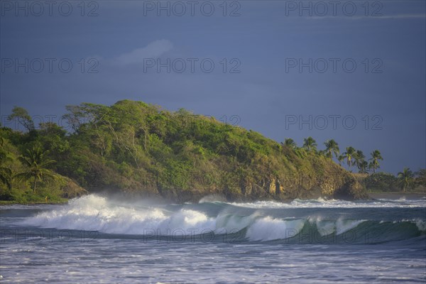 Beach with palm trees and high waves near Junquillal