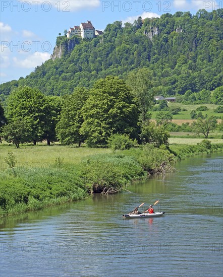 Kayakers paddling on the Danube between Hausen im Tal and Gutenstein