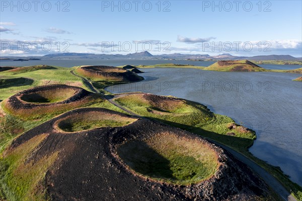 Aerial view of green volcanic crater