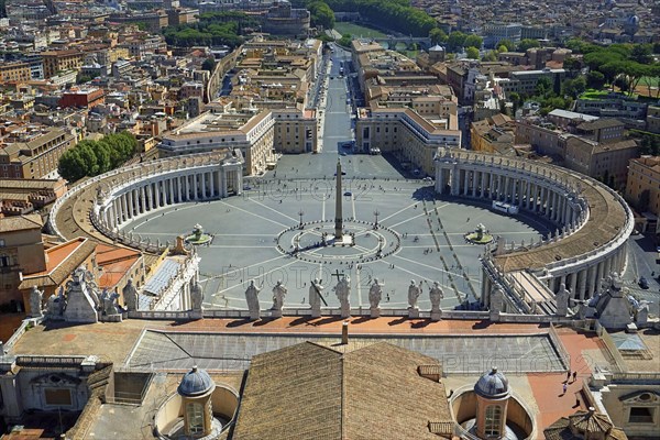 View from the dome of the Basilica of San Pietro or St Peter's Basilica onto St Peter's Square and Via della Conciliazione