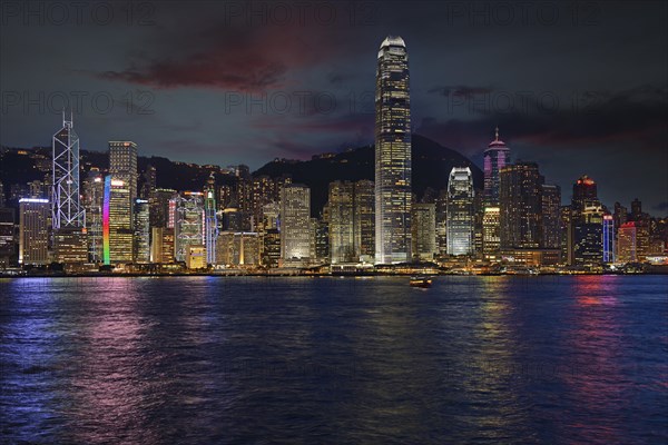 Blue hour view from Kowloon of the skyline on Hong Kong Island on the Hong Kong River