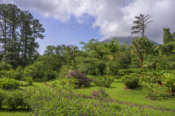 View of the cloud-covered volcano