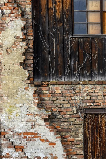 Charred wooden facade with brick wall