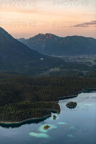 Islands and wooded shore of the Eibsee lake