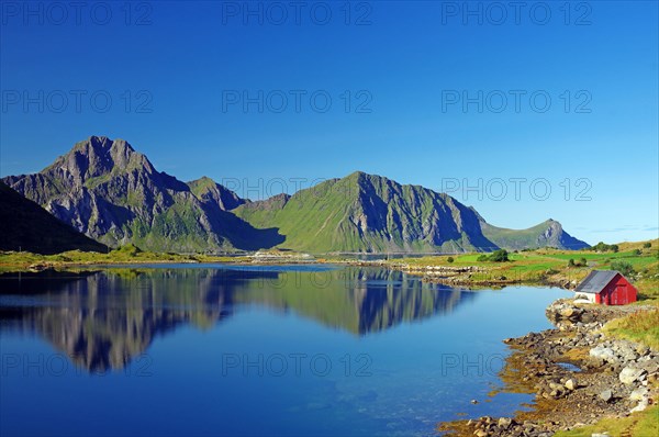 Mountains reflected in a small body of water on a late summer day