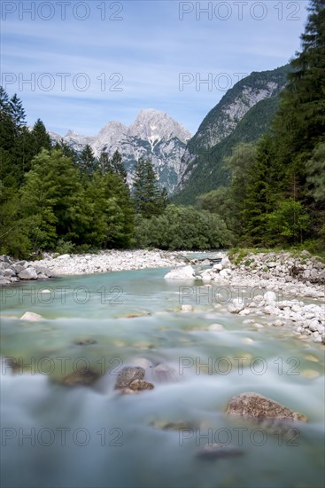 Mountain river Soca with crystal clear turquoise water