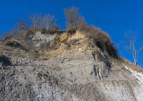 Slopes and chalk cliffs on the pebble beach of Pirate's Gorge on the island of Ruegen