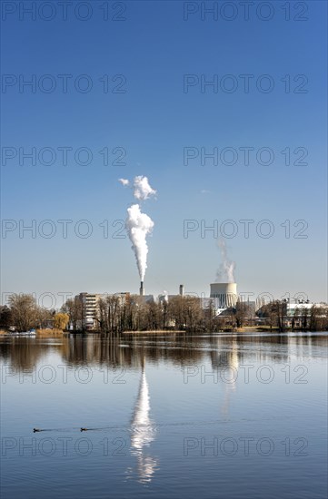 The chimneys of the Vattenfall combined heat and power plant on the Havel in Spandau