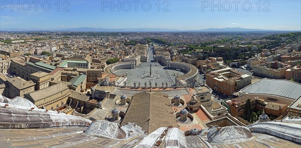 View from the dome of the Basilica of San Pietro or St Peter's Basilica onto St Peter's Square and Via della Conciliazione