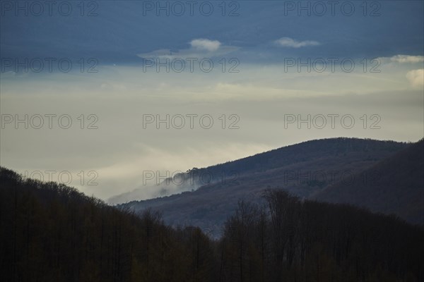 Fog lying in a valley at sunset