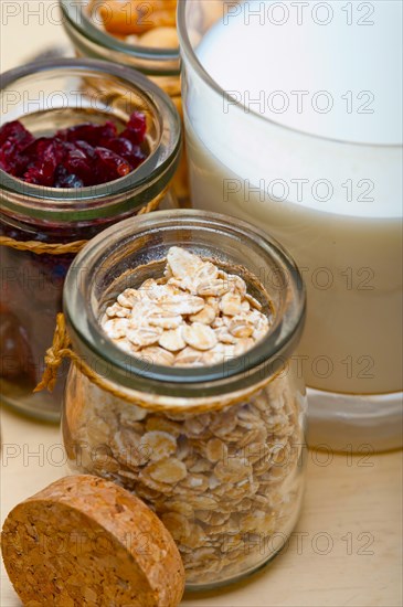 Healthy breakfast ingredients milk oat cashew nuts dried cramberry craisinns