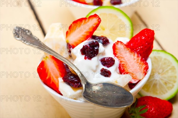 Fruit and yogurt salad healthy breakfast over white wood table