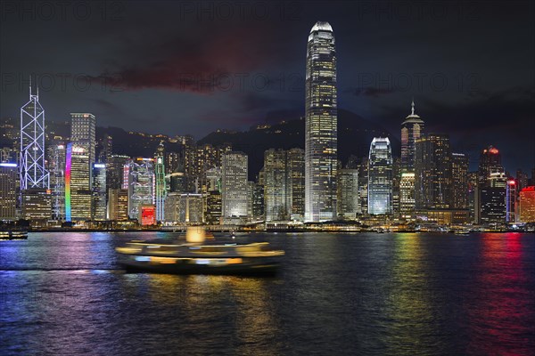 Blue hour view from Kowloon of the skyline on Hong Kong Island on the Hong Kong River