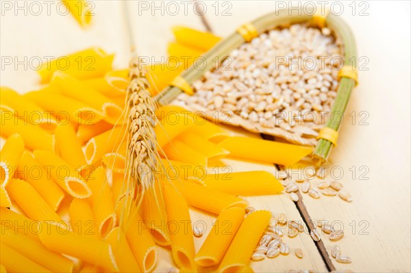 Short Italian pasta penne with durum wheat grains