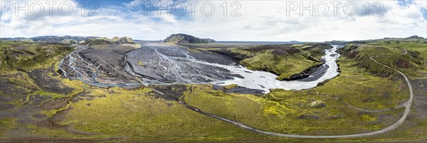 River with fanned out branches through black lava sand