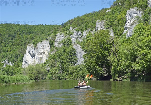 Kayakers paddling on the Danube between Hausen im Tal and Gutenstein