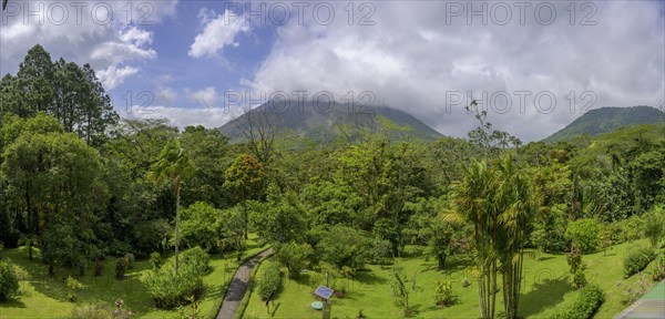 View of the cloud-covered volcano