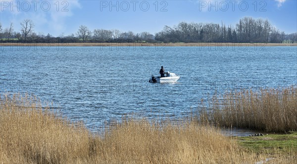 Angler in boat in the nature reserve at the Mellnitz Ueselitzer Wiek on Ruegen