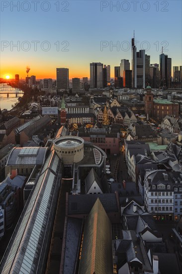 View from the imperial cathedral St. Bartolomaeus over the Roemer with St. Paul's Church and to the skyline of Frankfurt am Main