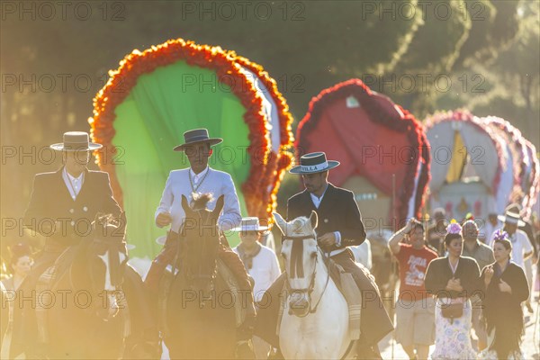 Pilgrims in traditional attire with horses and wagons on their way to El Rocio for the yearly Romeria of El Rocio