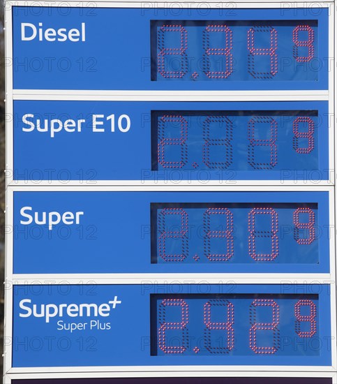 Price board at an Esso petrol station